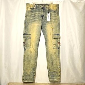 NWT THRT Varsity C-15 Mens Distressed Blue Denim Dirty Wash Stretch Jeans 38